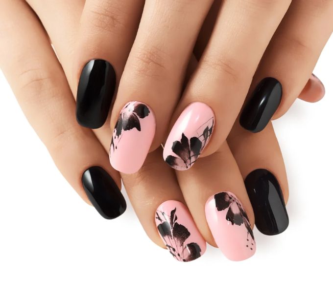 Black and pink floral nail art