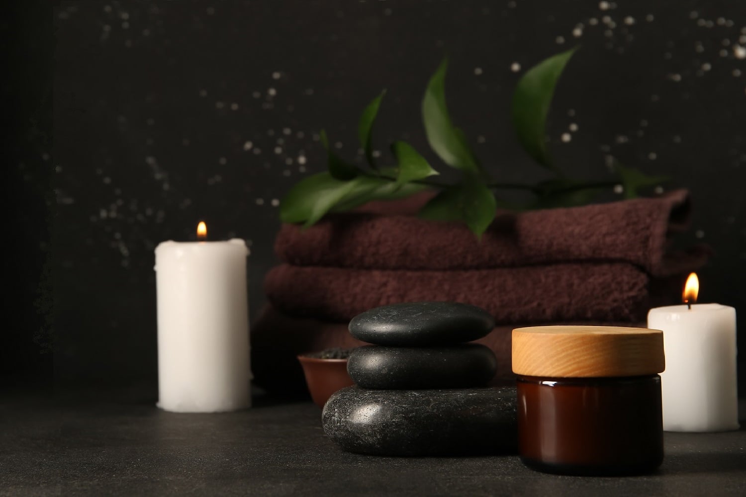 Spa massage stones, candles and towels